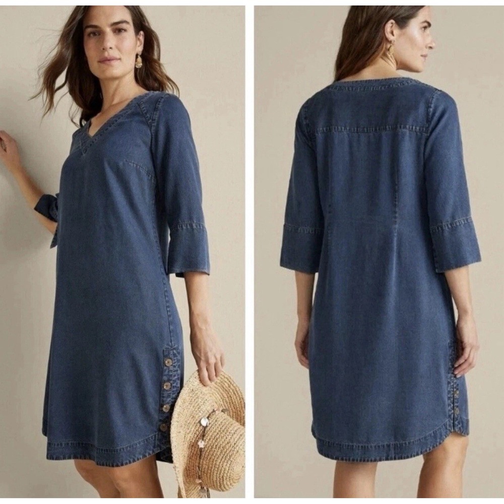 Soft Surroundings Women's PM Positano Getaway V Neck Shift Dress Chambray Denim